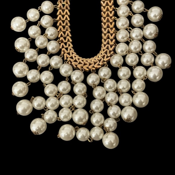 Gold Tone 2 Broke Girls Style Chevron Faux Pearl Choker Necklace - Picture 8 of 14